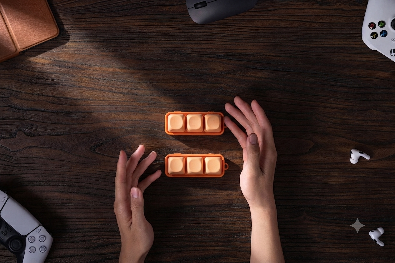Two orange three-key controllers on a wooden desk