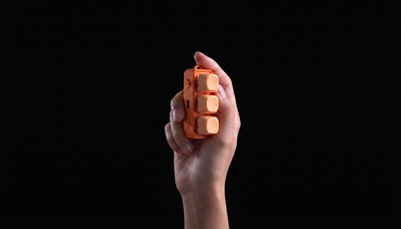 Orange three-key controller held in one hand against a dark background